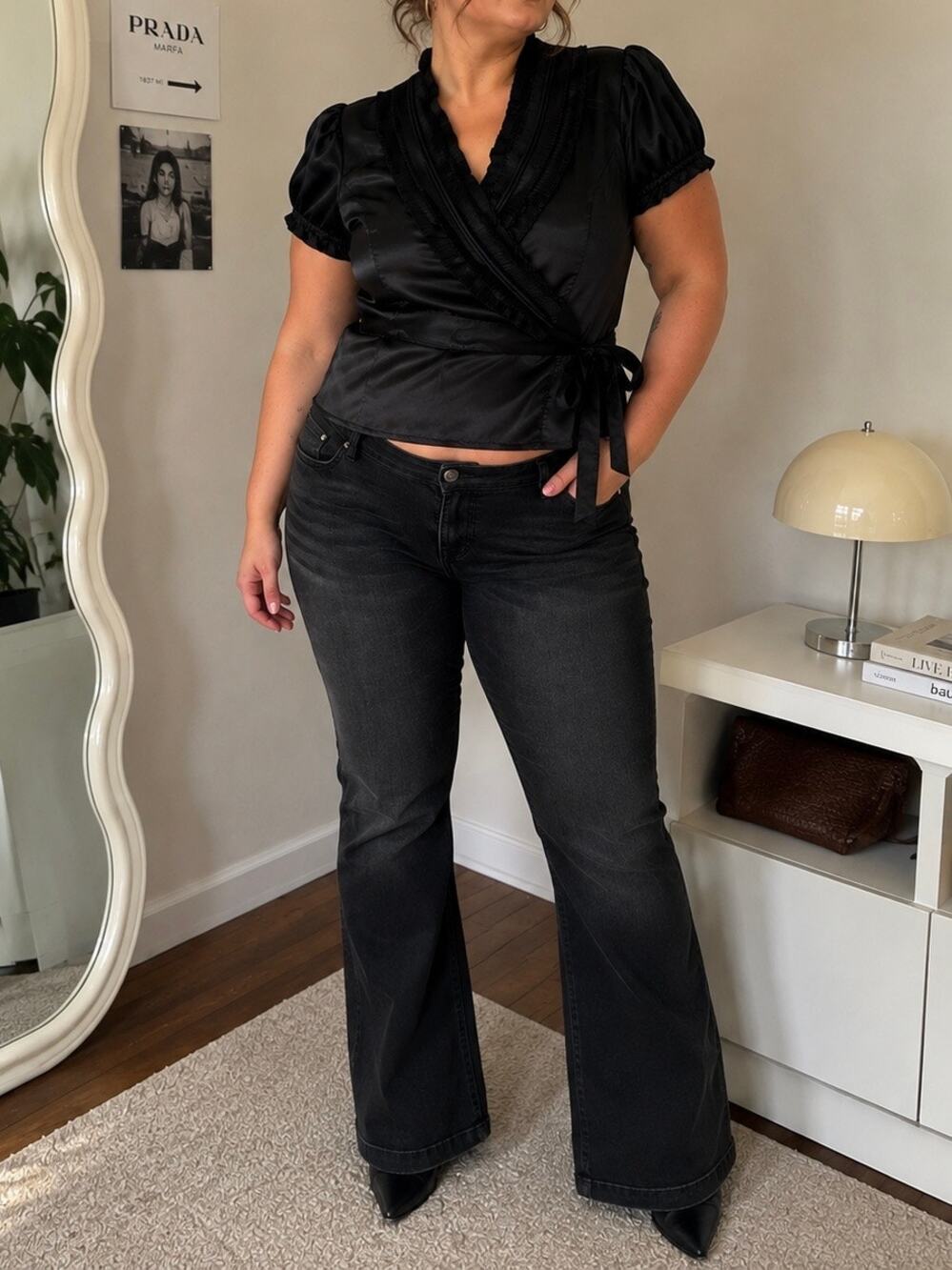 Sunny Leigh Black Satin Ruffle Wrap Y2K Blouse Size XL Witchy Romantic Goth